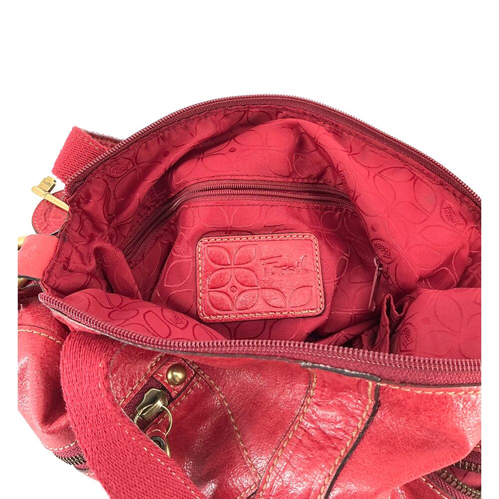 Fossil Y2K Red Leather Satchel Crossbody Bag Brass Hardware - Picture 6 of 15